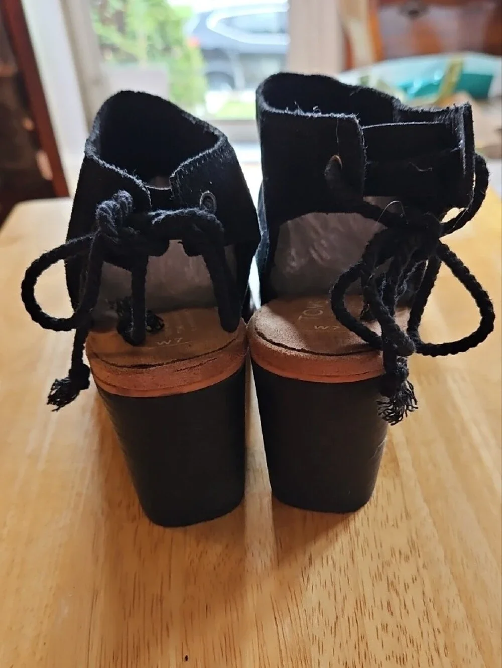Toms Elba Black Suede Peep-Toe Block Heel Sandals